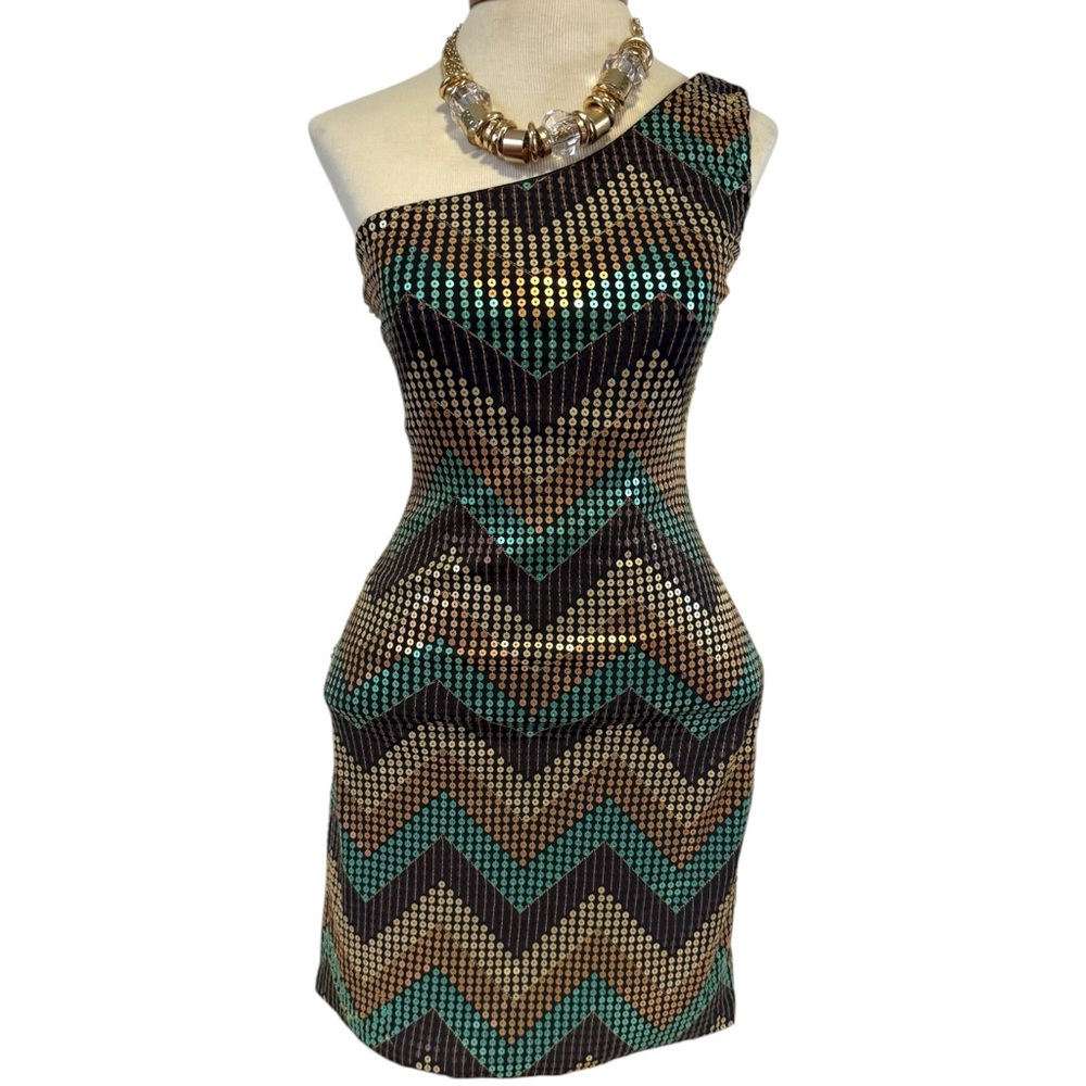 VTG Frederick's Women's Chevron Sequin One Shoulder Sheath Bodycon Dress